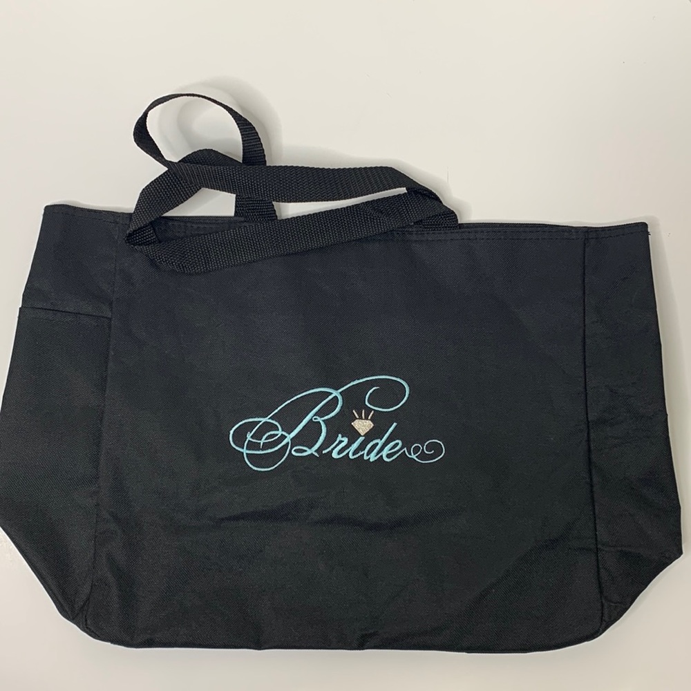 Black BRIDE Canvas Tote Bag Diamond Sewn Front Sleepover Wedding Event Honeymoon